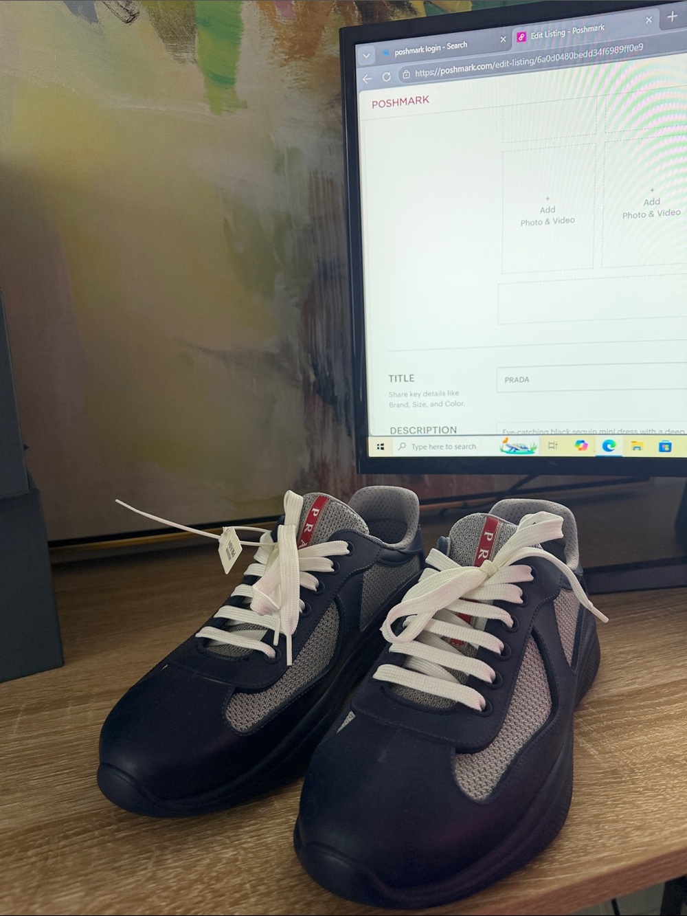 Prada Men’s Blue and White Leather-Trim Sneakers - Picture 7 of 15